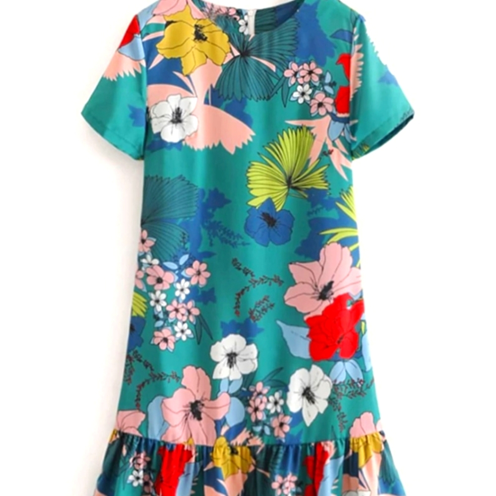 Plants print zip back flounce hem dress, size medium